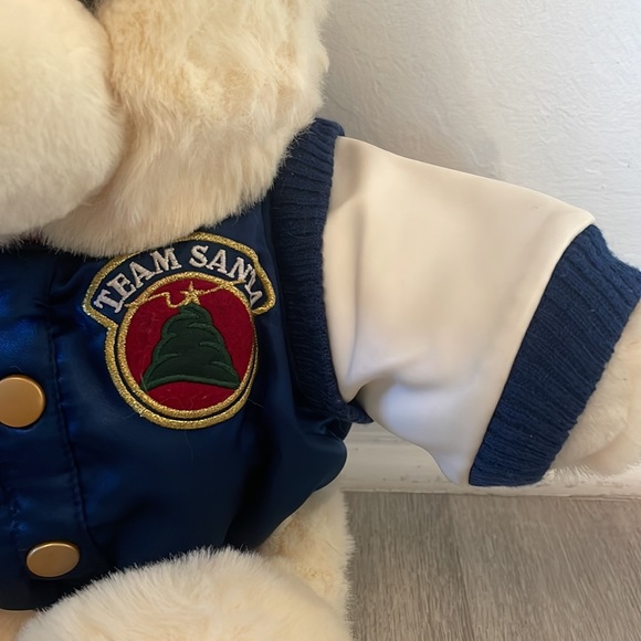 Vintage 1998 TEAM SANTA White Christmas Bear 15" Plush Blue Snap Jacket - Picture 3 of 10